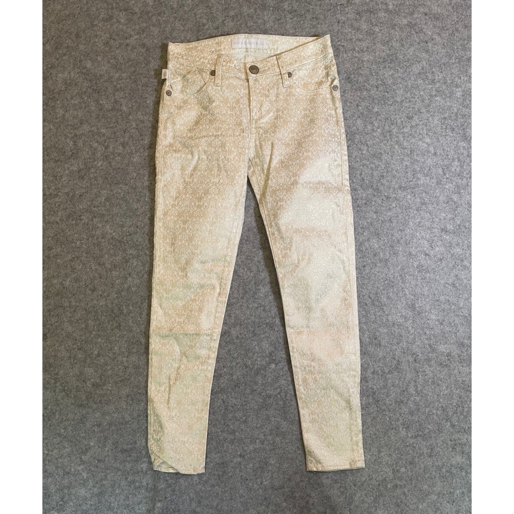 Rock & Republic Womens Gold Metallic Damask Floral Skinny Jeans Low Rise Pant